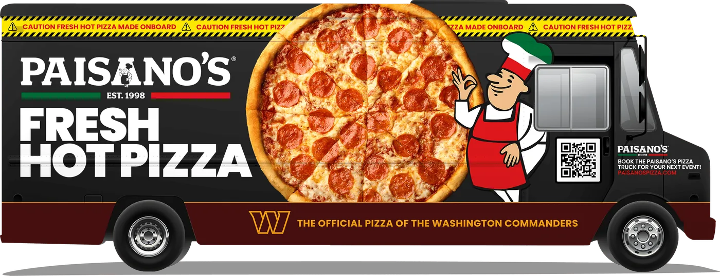 The Paisano’s food truck wrap: Fresh Hot Pizza, The Official Pizza of the Washington Commanders