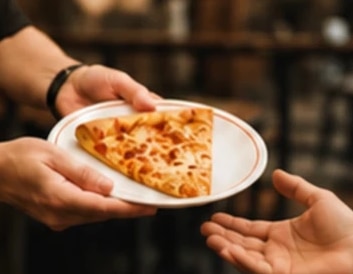 A slice of pizza on a plate, handed from one person to another